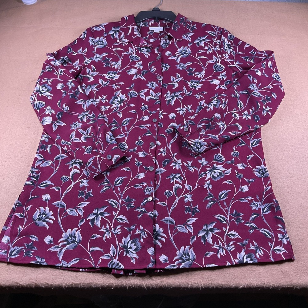 J. Jill Burgundy Floral Button Down Tunic Blouse Womens Medium Long Sleeve Shirt - Picture 1 of 12
